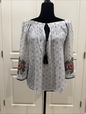 Alice Blue White Peasant Blouse with Floral Sleeve Embroidery
